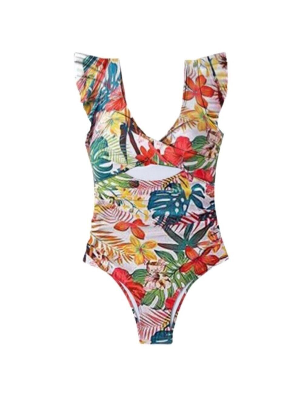 TROPICAL PRINT ONE PIECE MONOKINI RUFFLE SHOULDER RUCHED SWIMSUIT SIZE XL NWT - Picture 4 of 13